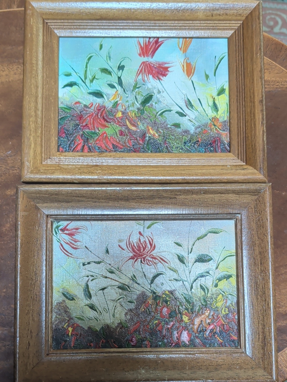 Vintage Framed Floral Canvas Art Paintings Pair Red Green Flowers Nature Signed